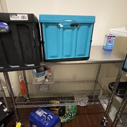 2 Stainless Steel Work Tables On Casters. 