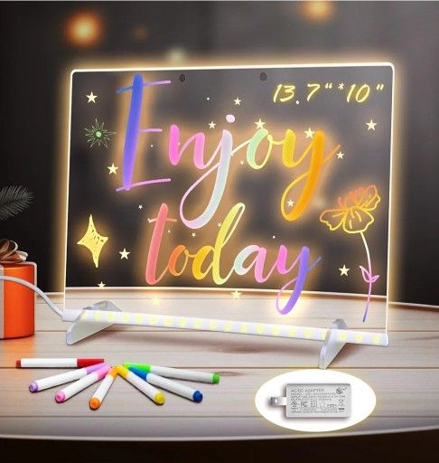 LED Note Board with Colors, 13.7"X10" 4 Modes &7 Colors Acrylic Dry Erase Boards with Light, Include Adapter, Hanging Chain, Led Drawing Board for Kid