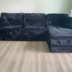Black Sectional With Large Chaise - Soft Fur Like Corduroy Fabric