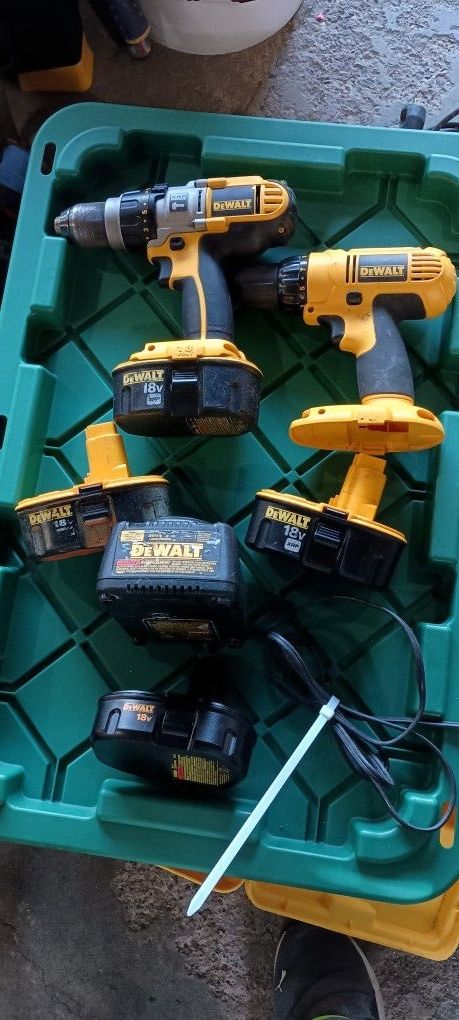 DEWALT HAMMER DRILL, DRIVER, 18 VOLT BATTERIES AND CHARGER