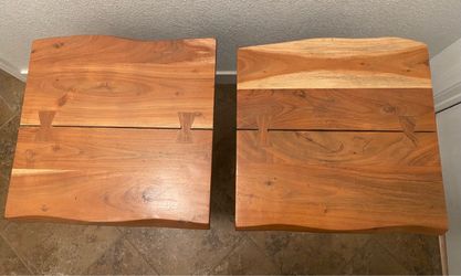 Set of 2 Rustic Natural Wood & Black Metal Side Tables