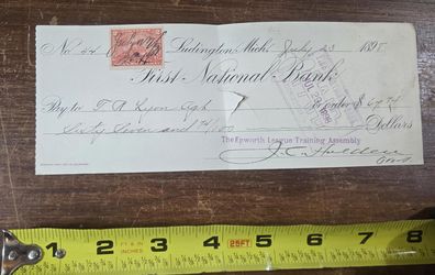 Antique Check July 25, 1898 First National Bank of Ludington, Michigan