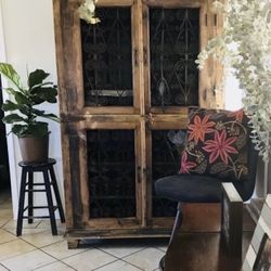 Hacienda Old World Rustic Solid Wood Closet Pantry Hutch Linen Closet Wine Cabinet With Iron Doors