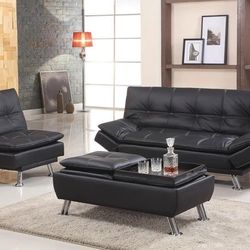 Molton Black Bonded Leather 3pc Livingroom Set Couch Futon Sofa Bed Chair and Ottoman