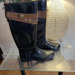 COACH Black Leather Trim Tall Rain Boots.