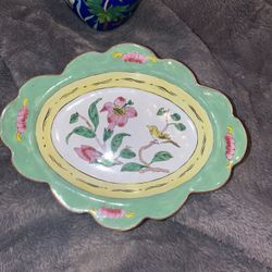 Cloisonné Chinese Green Enamal Over Brass LARGE Trinket Tray With Yellow Bird Red Flowers 