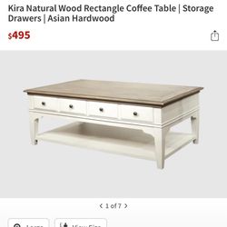 Living Spaces Kira Natural Wood Rectangle Coffee Table w/ Storage Drawers – Like New
