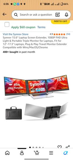 Synnov 15.6“ Laptop Screen Extender, 1080P FHD Ultra Light & Portable Triple Monitor for Laptops, Fit for 12"-17.3" Laptops, Plug & Play Travel Monito
