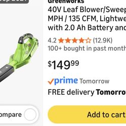 Greenworks 40V Electric Blower-$80