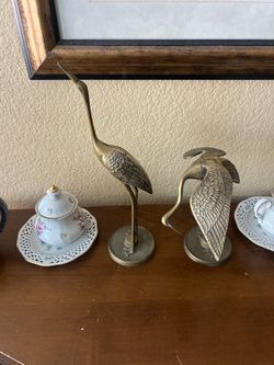Brass Crane Heron Bird Figurines Set of 2
