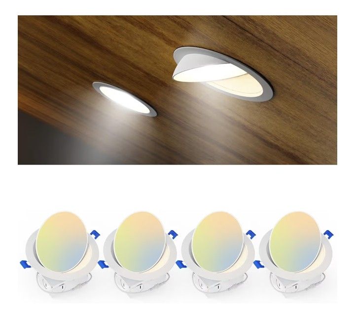 Paquete de 4 luces empotrables LED cardán de 6 pulgadas, rotación de 90° y 5CCT 