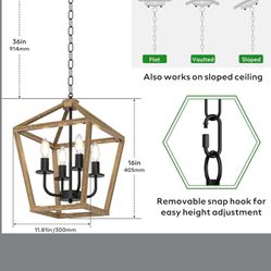 Farmhouse Lantern Chandelier 4-Light, Industrial Brushed Rustic Oak Ceiling Light Fixture with Open Cage and Adjustable Hanging Height,Kitchen Island,