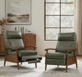 Set Of 2 Green Cowhide Leather Armchair Manual Push Back Wooden Recliner Chair for Living Room