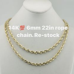 14K 💯 6mm 22in rope chain . re-stock. brand new