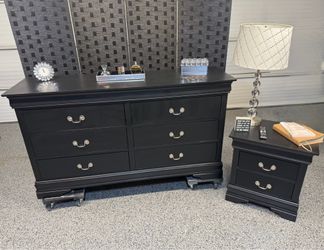 Black six drawer dresser and one matching 2 drawer nightstand