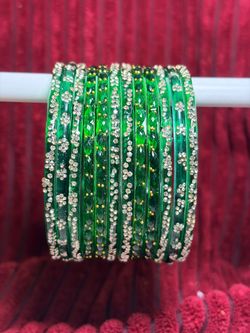 Green Glass Bangles with Rhinestone Detail
