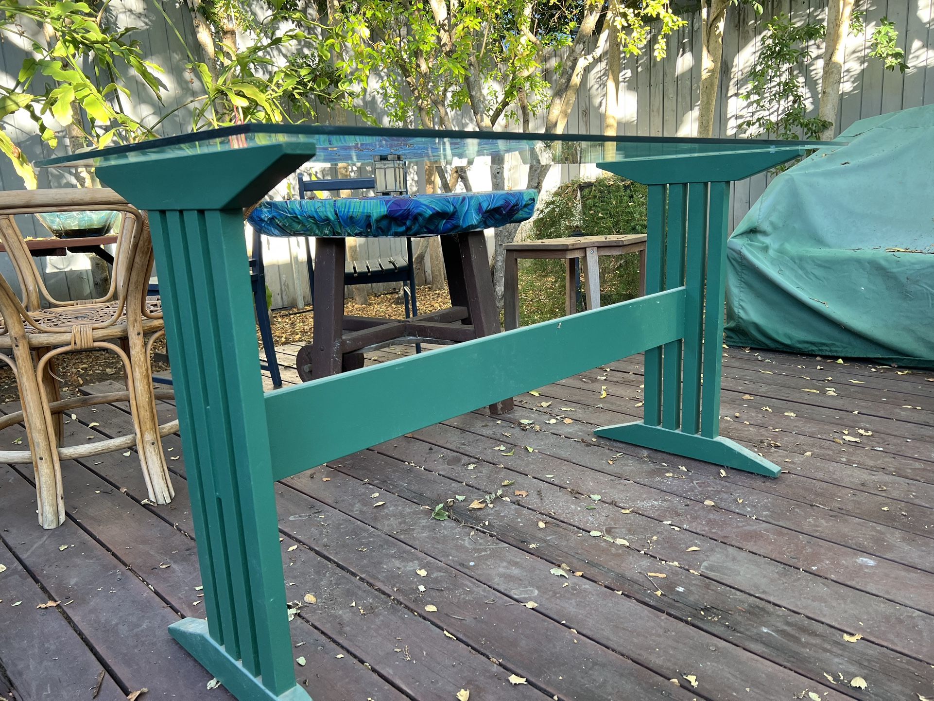 Craftsman Style Table Base And 3/8” Glass Top. 57 X 25.5 In.