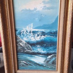 Vintage Seascape Hand Painted Original Oil PAINTING By Marley Crashing Waves And Seagulls