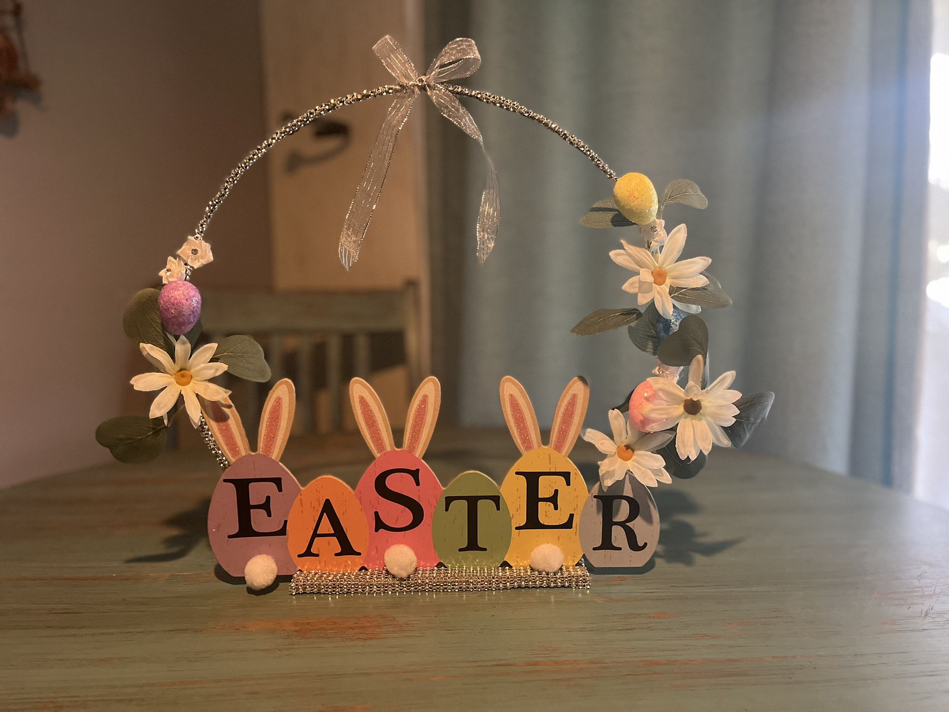 Easter White  Florals And Colored Eggs Decoration 