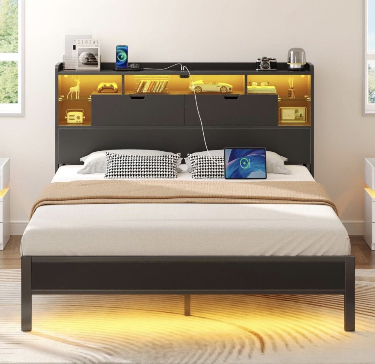 NEW - Full Size Bed Frame - LED, USB & Bookcase