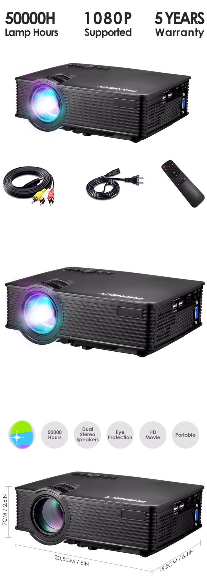 Mini Projector, LUX Video Projector, Full HD 1080P and Up to 180" Display, Portable Projector Movie with 50,000 Hrs LED Lamp Life, Work with Fire TV