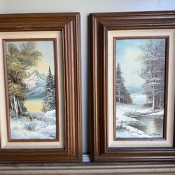 Vintage Winter Landscape Paintings by Reaves – Framed Pair (17.5”x11.5”)