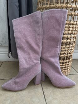 Pink Glitter Knee-High Block Heel Boots
