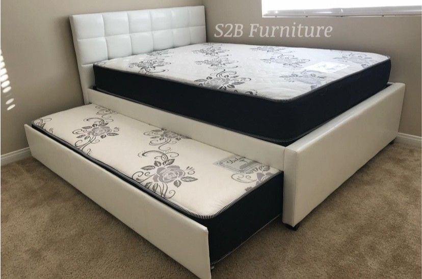 Full Twin White Trundle Bed With Ortho Mattress Included!!