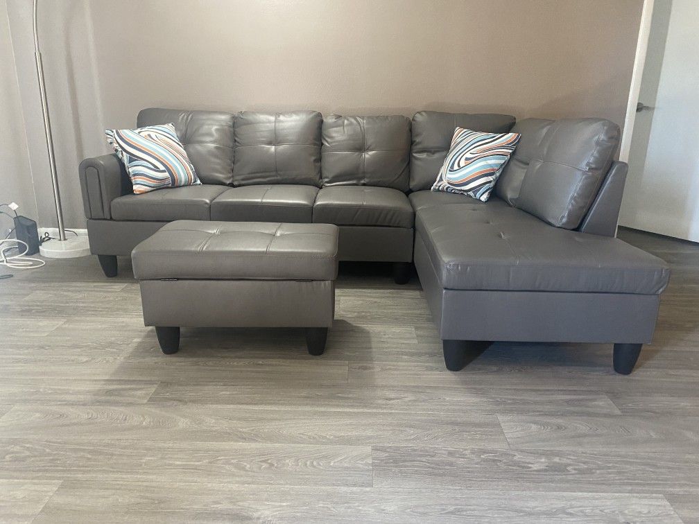 Dark Grey Sectional Couch Set w/ Ottoman (Left Chaise) FREE