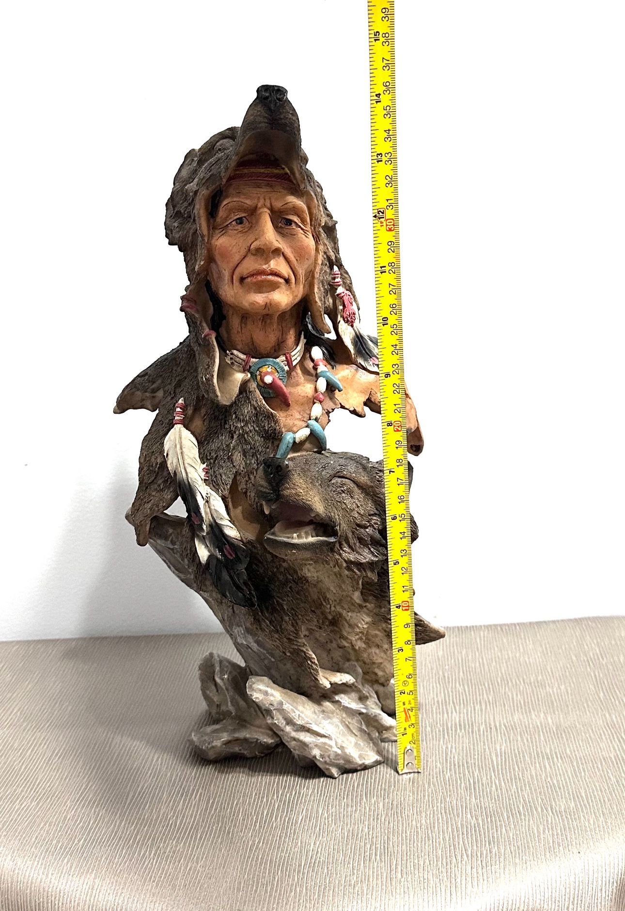 Indian and wolf statue . 14.4” tall