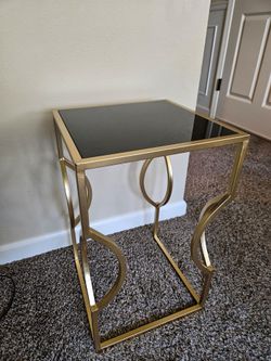 Black and Gold Metal Side Table with Black Glass Top