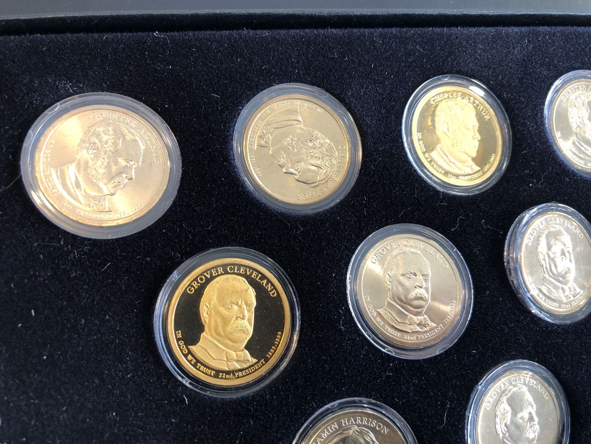 Gold Colored Presidential Dollar Set. Some Matte, Business Strike And Proof Coins