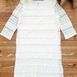 SIZE 10-12 GIRLS IVORY LACE OVERLAY THREE-QUARTER SLEEVES SHIFT DRESS