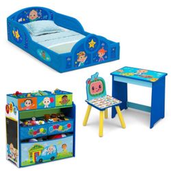 New Delta 4pc Bedroom Set New in box  WHAT’S INCLUDED: Set includes Sleep & Play Toddler Bed, 6 Bin Design & Store Toy Organizer and Art Desk with Cha