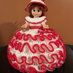 Vintage (Unknown Year) Crocheted Red And White Plastic Bed Doll