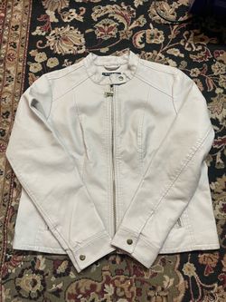 White Faux leather biker-style jacket by Baccini