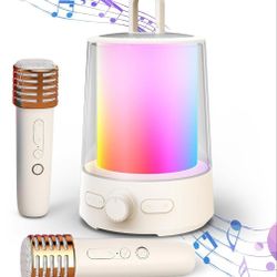 Karaoke Machine for Adults, Portable Bluetooth Speaker with Two Wireless Microphones, Supports FM/AUX/USB (Beige)