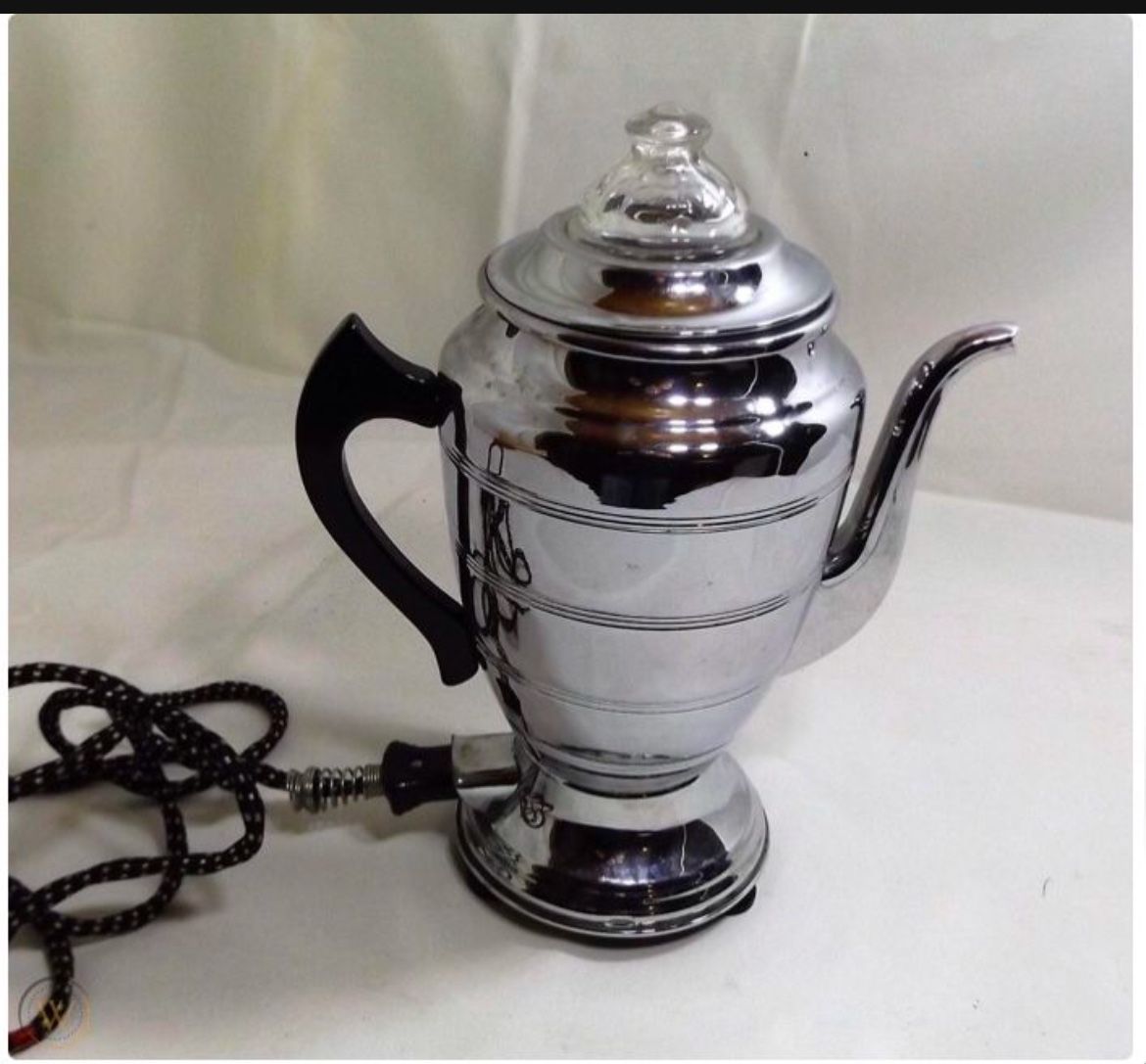 VINTAGE FOREMAN FAMILY - 4 MAN, COFFEE PERCOLATOR MAKER, CHROME ON SOLID BRASS