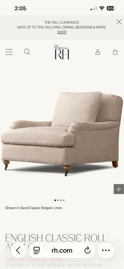 Authentic Restoration Hardware (RH) Belgian Classic Roll Arm Chair