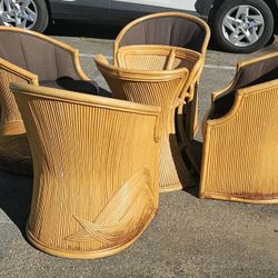 Mid Century Rare Set of Bamboo Rattan Parquetry Dining Chairs  And Table Base
