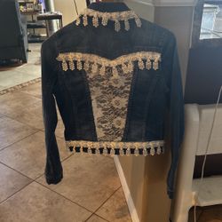 Jessica Simpson Denim Up-Cycled White Lace and Pearl Jacket