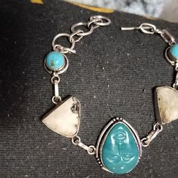 Gorgeous Moonstone And Turquoise Jade Silver Sautered Bracelet