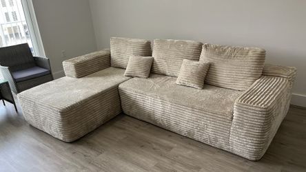 Cream Corduroy Sectional Sofa with Chaise