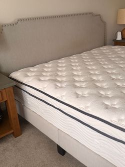 Tufted King bed frame - sides gray tufted linen nailhead  beautiful