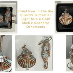 Brand New in The Box Dillard’s Trimsetter Light Blue & Gold Shell & Seahorse Ornaments