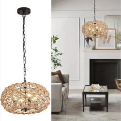New Hand-Woven Rattan Boho Pendant Light Rustic Hemp Rope Cage Basket Light Fixture 4 Lights Farmhouse Coastal Hanging Lamp, Hanging Light