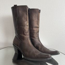 FRANCO SARTO Metallic Brown Leather Western Mid Calf Pointed Toe Cowboy Boots