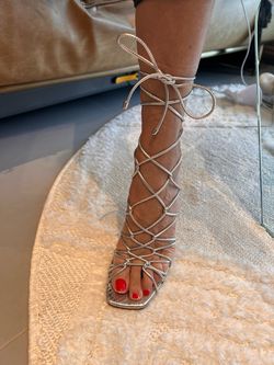 NEW IN BOX, SCHUTZ Silver Lace up Heyde Nappa Leather Heeled Sandal, Size 7.5