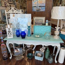 Coastal Turquoise & Grey Hand-Painted Console Table – 60” Long – Beach Cottage Style