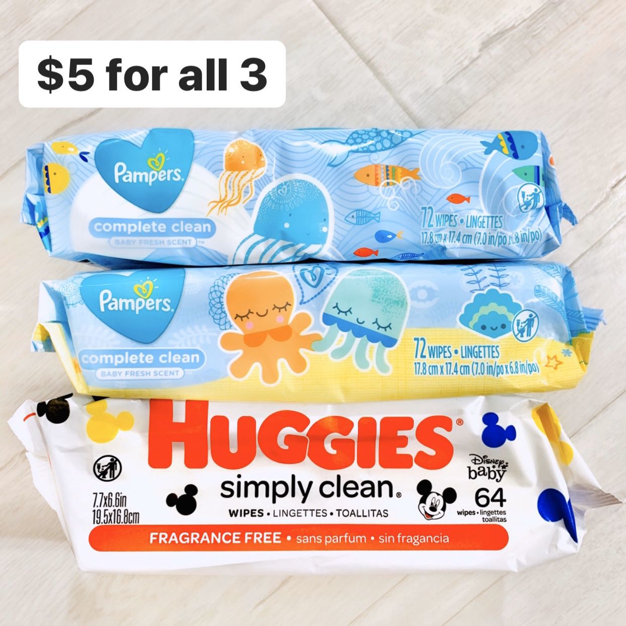 2 Packs Pampers Complete Clean Baby Fresh Scented Wipes + 1 Huggies Simply Clean Fragrance Free Wipes (208 wipes total) - $5 for all 3